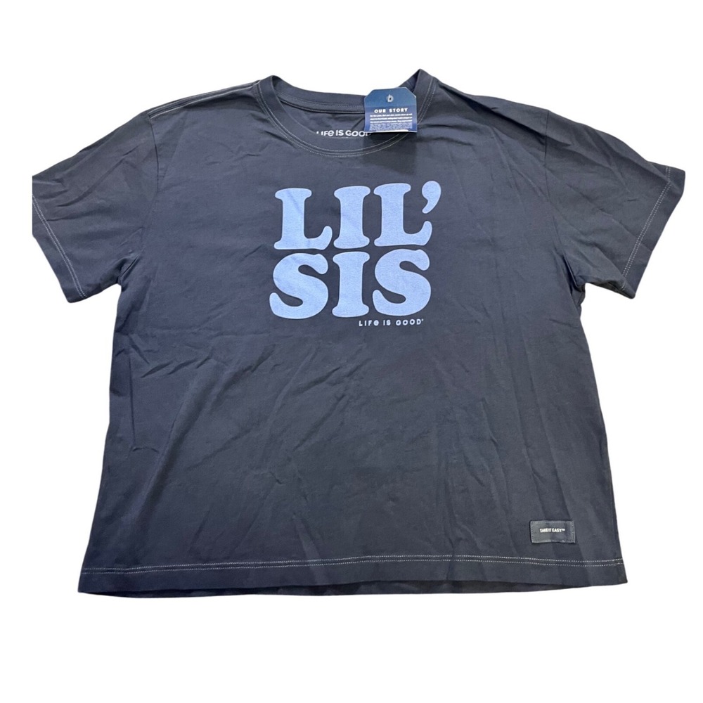 Life is Good Lil Sis‎ Womens Cropped T Shirt Blue Medium Cotton Graphic Tee